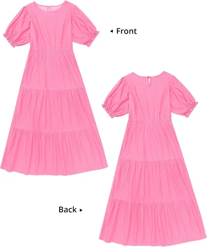 Vista 6 de GRAPENT Vestido de mezclilla para mujer, de verano, casual, manga abombada, por debajo de la rodilla, escalonado, acampanado, cintura elástica