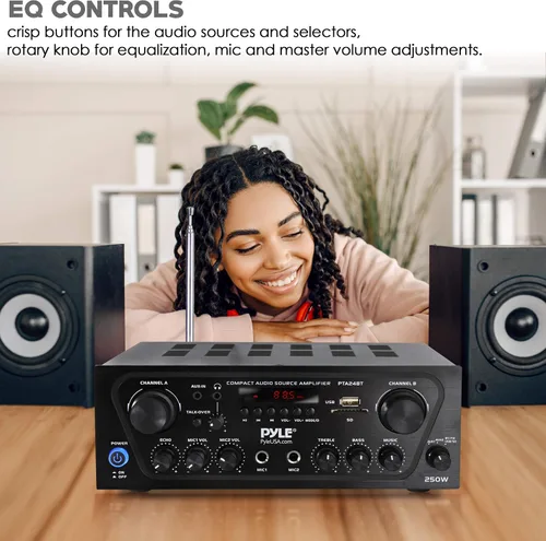 Vista 6 de Pyle - Amplificador de potencia de sonido doméstico para karaoke mejorado con entrada auxiliar, bluetooth, USB, 2 entrada de micrófono con eco