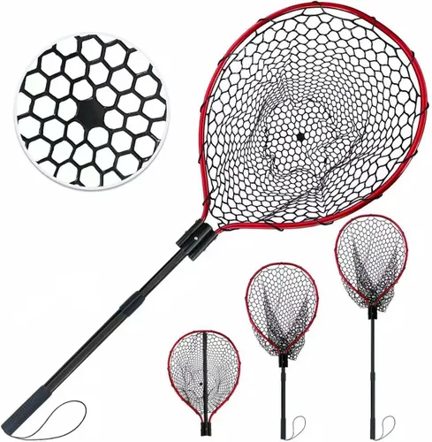 Vista 8 de Red de pesca de goma telescópica de metal con mango Longitud: 59 "Profundidad: 19.7 "Aro: 26 "x18" Muelle de red de aterrizaje de peces de silicona