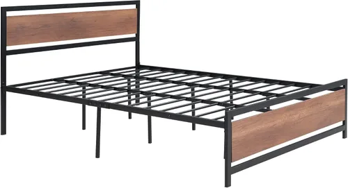 Vista 8 de Base de cama de plataforma tamaño Queen con cabecera de madera rústica vintage, marco de cama resistente con almacenamiento, no necesita somier