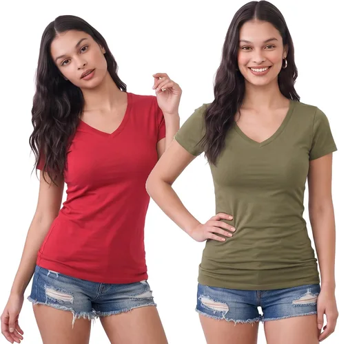 Vista 191 de Emmalise Camiseta de manga corta para mujer, cuello en V, tallas junior y plus