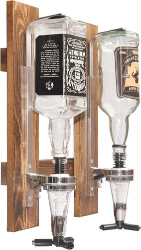 Vista 3 de Dispensador de licor montado en la pared de 2 botellas, estante de pared de madera para bar en casa, dispensador de bebidas de vidrio para fiestas