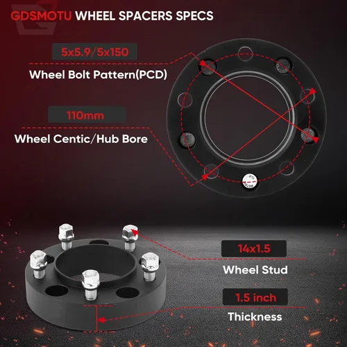 Vista 2 de 4 espaciadores de rueda centrados de 5 tuercas de 1.5" 5x5.9 5x150mm con tacos 14x1.5 para 1998-2018 para Land Cruiser 2008-2019 para Sequoia