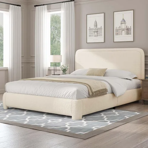 Vista 12 de BarnFurin Base de cama individual con cabecero, cama de plataforma tapizada Cloud Boucle, esquinas redondeadas suaves, no necesita somier, Beige