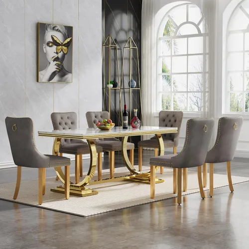 Vista 35 de Juego de 5 mesas de comedor, juego de mesa de cocina y comedor para 4, mesa de comedor rectangular de mármol sintético negro de 70 pulgadas con base