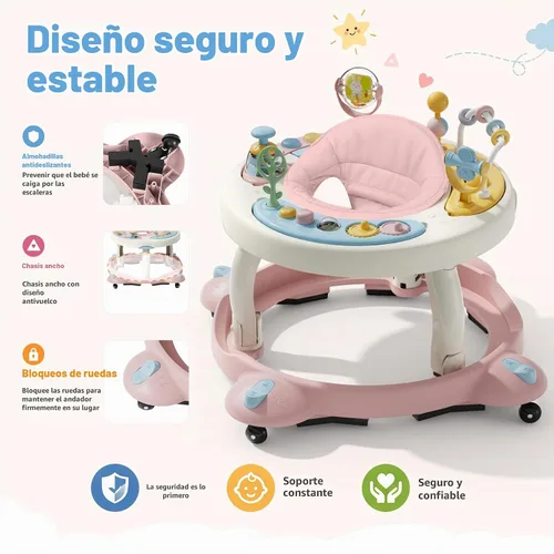Vista 4 de Andador de bebé con ruedas, andador plegable para bebés de 6 a 12 meses, asiento giratorio de 3 posiciones con centro de actividad interactivo Rosa