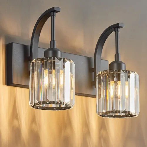 Vista 48 de Luces de tocador de cristal de 3 luces negras para tocador de baño, modernas lámparas de baño de cristal sobre espejo de 23.62 pulgadas de largo