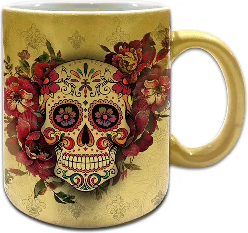 Vista 16 de Sweet Gisele Taza de cerámica de calavera de azúcar, taza de café con estampado floral, diseño del Día de los Muertos, hermosos colores vivos, gran