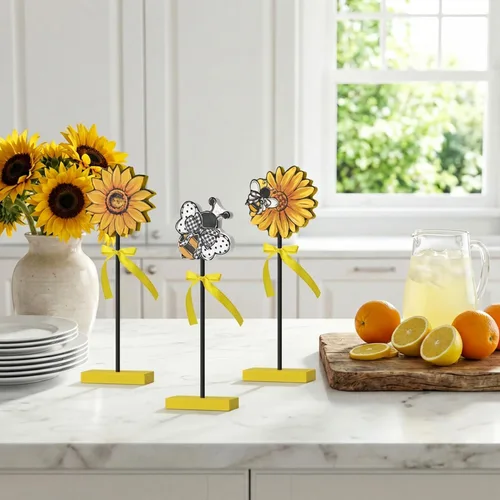 Vista 3 de Smile - 3 piezas de decoración de madera para interiores, estilo de abeja de girasol, centros de mesa de verano para el hogar, cocina, exhibición