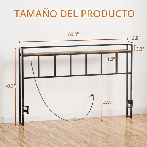 Vista 3 de LAKEMID Cabecera tamaño Queen, cabeceros con luz LED, salidas y puertos USB, cabecera con estante de almacenamiento, cabecera resistente y estable