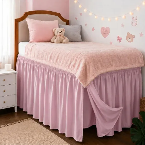 Vista 42 de Falda de cama RIMELA tamaño Queen color verde bebé con caída de 15 pulgadas, falda elástica envolvente, volante que protege contra el polvo