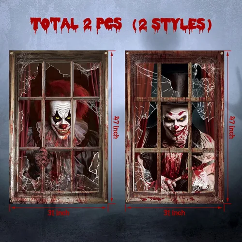 Vista 2 de Newwiee - 2 cortinas de Halloween aterradoras con silueta para ventana, decoración, póster temático para interiores y exteriores, fiestas, paredes