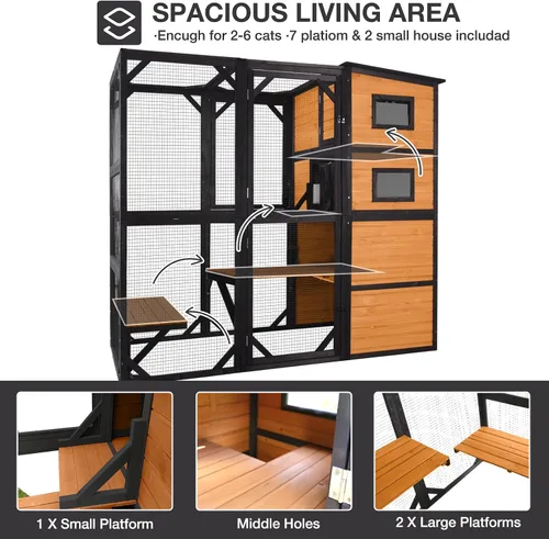 Vista 4 de Catio - Recinto para gatos al aire libre para múltiples gatos, resistente a la intemperie, casa grande para gatos con 4 niveles, 3 salas