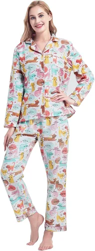 Vista 11 de CHUNG Conjunto de pijama de franela para mujer, tops con botones de algodón cepillado, pantalones S-XL, ropa de dormir, ropa de descanso, acogedora