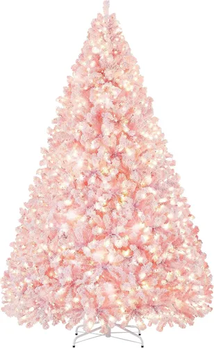 Vista 27 de Yaheetech - Árbol artificial de Navidad preiluminado de 9 pies con luces incandescentes de color blanco cálido, árbol de Navidad con flecos de Verde