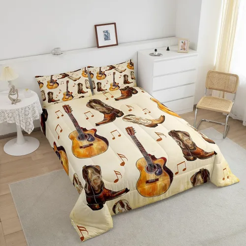 Vista 3 de Castle Fairy Juego de edredón de botas de vaquero, tamaño individual, juego de ropa de cama bohemio con guitarra musical para niños y niños