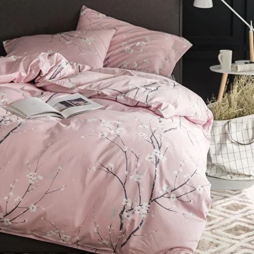 Vista 2 de Eikei Juego de 3 piezas de ropa de cama de algodón con estampado de ramas florales de flores rojas cerezo estilo oriental japonés, 300 hilos