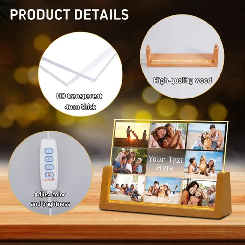 Vista 3 de Marco de fotos personalizado con foto, placa acrílica personalizada con base de luz nocturna LED, regalos de cumpleaños de aniversario para familia