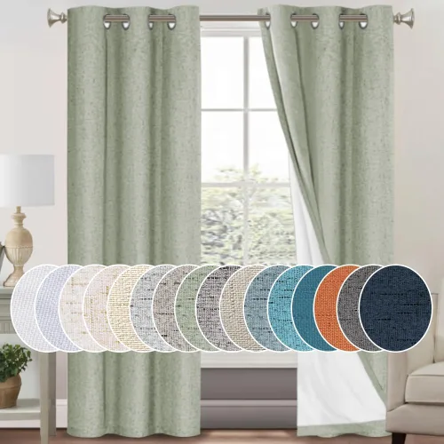 Vista 157 de Cortinas con textura de lino 100% opacas de 64 pulgadas de largo, juego de 2 paneles de cortinas de lino opacas con forro aislante térmico que Arena