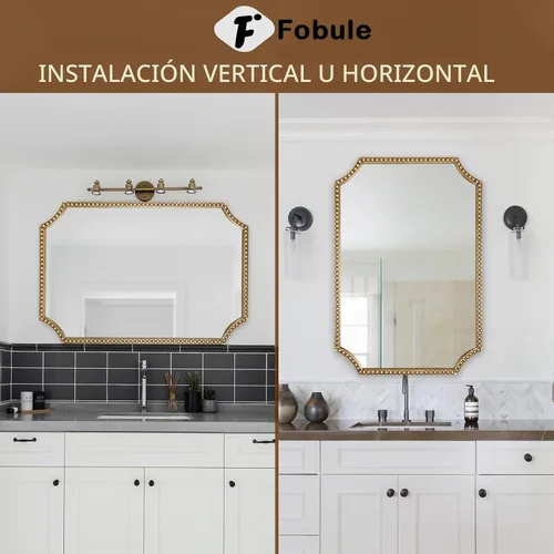 Vista 4 de Espejo de pared de 24 x 36 pulgadas, espejo decorativo rectangular de esquinas festoneadas, marco de cuentas de metal, decoración de pared para Oro