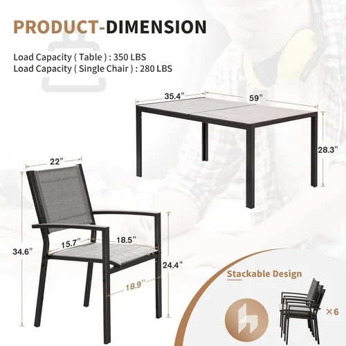 Vista 3 de Devoko Juego de comedor para patio, 7 piezas, muebles de exterior con mesa rectangular y 6 sillas apilables, juego de conversación familiar para Gris