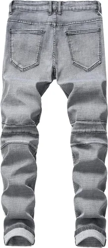 Vista 2 de QIMYUM Jeans ajustados para hombre, jeans ajustados rasgados para hombre, jeans de motociclista, elásticos, pantalones de mezclilla de Moto Cargo