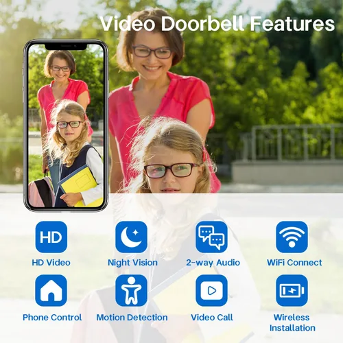 Vista 2 de Cámara de timbre de video 2K inalámbrica con visión de cuerpo completo y detección de inteligencia artificial, visión nocturna, alertas