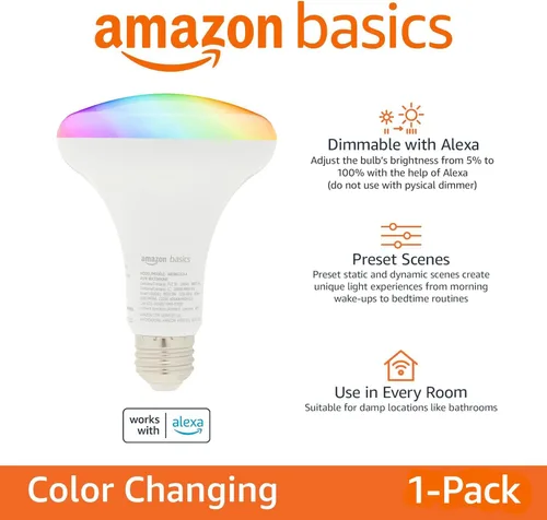 Vista 2 de [Usado] Amazon Basics Bombilla LED Inteligente BR30, Cambio de Color, 9W (Equivalente a 60W), 800LM, Funciona Solo con Alexa, Wi-Fi de 2.4 GHz, No