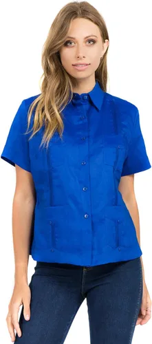 Vista 11 de Mojito Guayabera de manga corta 100% lino tradicional con cuatro bolsillos para mujer