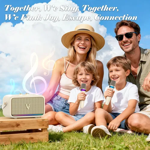 Vista 7 de Máquina de karaoke con 2 micrófonos inalámbricos y envoltura de cuero suave Mini altavoz Bluetooth portátil con 5 modos de cambio de voz