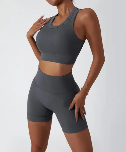 Vista 66 de Conjuntos de entrenamiento para mujer, 2 piezas, sin costuras, acanalada, sin mangas, brasier deportivo, cintura alta, pantalones cortos