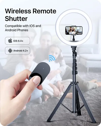 Vista 5 de andobil Anillo de luz de 10 pulgadas con soporte de trípode de 63 pulgadas, anillo de luz LED para selfie con control remoto Bluetooth, soporte