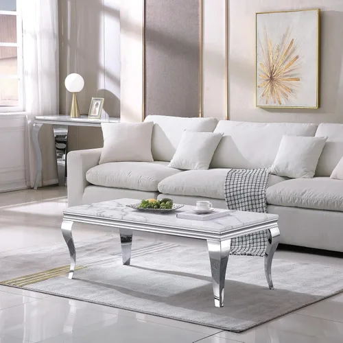 Vista 13 de Mesa de centro moderna, mesa central rectangular de mármol sintético blanco de 47 pulgadas, mesa de té de cóctel con acabado espejo dorado, base