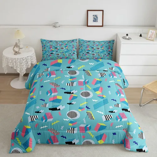Vista 9 de Juego de edredón de estilo retro de los años 80, juego de ropa de cama de patrón geométrico abstracto, diseño urbano moderno con círculos