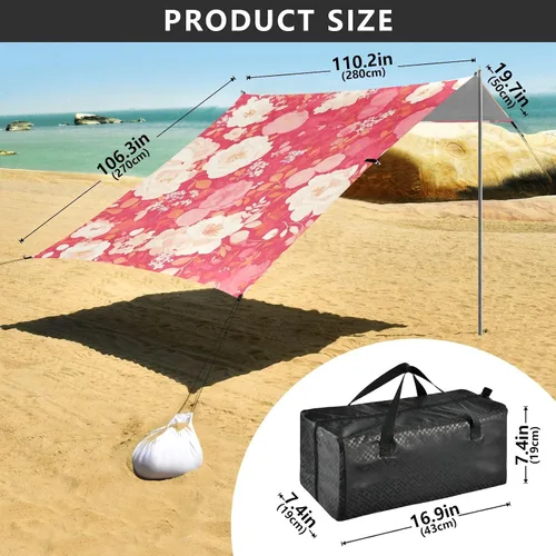 Vista 3 de Pink White Carnation Flowers Beach Canopy UPF50+ Protection Waterproof Large Sun Shade Includes Sand Shovel, Sandbags, Stability Poles for Camping