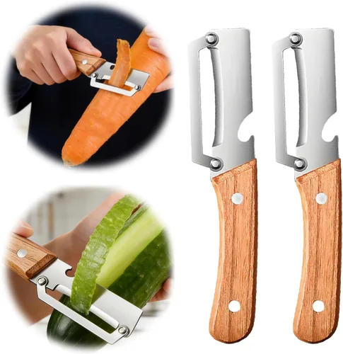 Vista 9 de Nuevo pelador de verduras multifuncional para cocina, con mango de madera y abridor de botellas, hoja de acero inoxidable ultra afilada para frutas