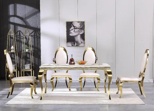 Vista 4 de ACEDÉCOR Sillas de comedor blancas y doradas, modernas sillas de piel sintética blanca, magnífica silla ovalada con respaldo de acero inoxidable