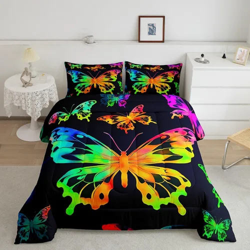 Vista 14 de Erosebridal Juego de ropa de cama de calavera gótica, flores mandala, mariposa hippie para niñas y niños, edredón de esqueleto de la muerte de Negro