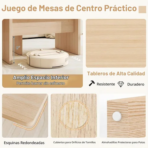 Vista 6 de Giantex Juego de 2 mesas de centro en forma de L, mesa central modular anidable con acabado de grano, mesas modernas de sala de estar de mediados