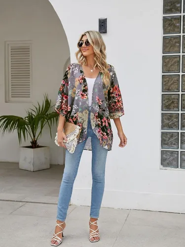 Vista 5 de BB&KK - Kimono floral para mujer, cárdigan de gasa de estilo informal, holgado, abierto por delante, salida de traje de baño