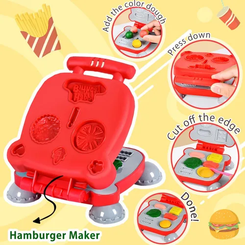 Vista 4 de Crelloci Juego de creaciones de cocina de masa de colores 3 en 1, máquina para hacer helados, espaguetis y hamburguesas, juguetes de modelado