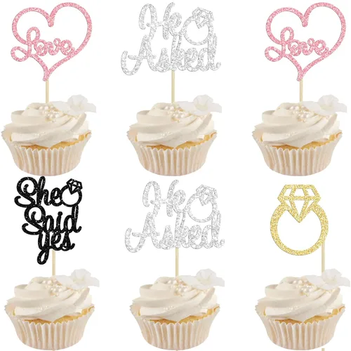 Vista 10 de Gyufise Paquete de 24 adornos para cupcakes con purpurina negra con la frase "He Asked She Said Yes" para cupcakes, anillos de corazón con purpurina