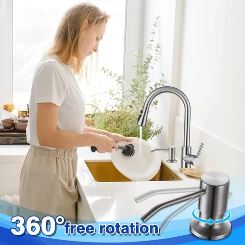 Vista 3 de Dispensador de jabón integrado para fregadero de cocina WEWE, acero inoxidable de níquel cepillado en dispensador de jabón de mostrador, recarga