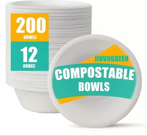 Vista 11 de JINVOGREEN 200 Unidades cuencos de papel de 8 onzas, pequeños cuencos desechables compostables, cuenco de bagazo de caña de azúcar biodegradable