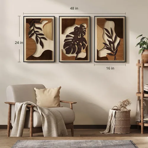 Vista 5 de Arte de pared de madera 3D con textura bohemia 3D para dormitorio, 3 piezas de arte de madera tallada botánica tropical para paredes, hoja de Marrón