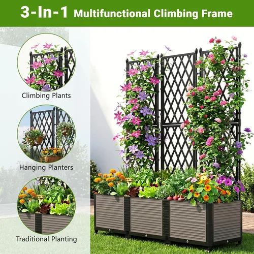 Vista 3 de DoCred Jardinera elevada de 63 pulgadas de alto con enrejado, maceta vertical para horticultura, jaula de tomate con ruedas para plantas trepadoras