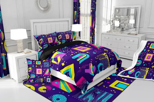 Vista 8 de Juego de edredón de estilo retro de los años 80, juego de ropa de cama de patrón geométrico abstracto, diseño urbano moderno con círculos