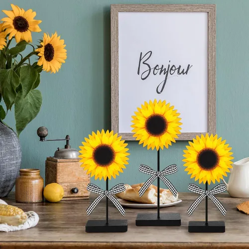 Vista 4 de Geetery 3 piezas de decoración de mesa de verano de madera de girasol, decoración de mesa independiente para el hogar, cocina, mesas rústicas