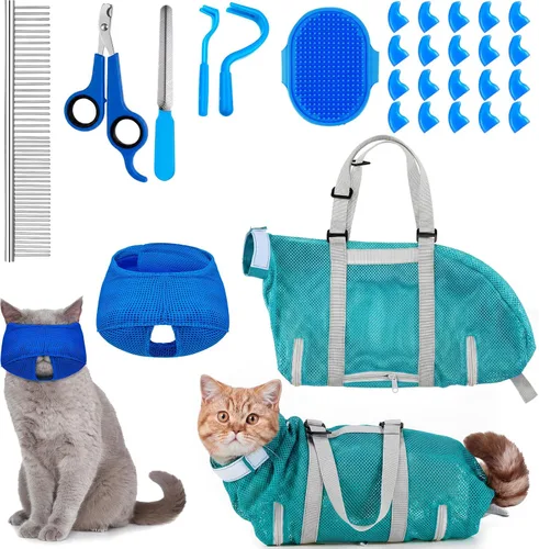 Vista 13 de Juego de 9 Piezas de Bolsa de Baño para Gatos, Bolsa de Ducha para Gatos Anti Mordeduras y Arañazos para Aseo de Mascotas, Cepillo de Lavado, Peine