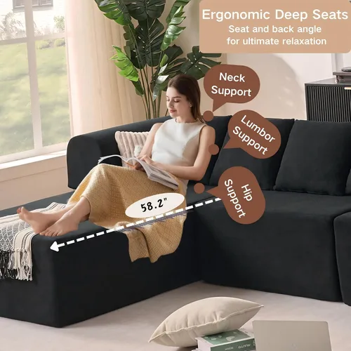 Vista 6 de Sofá modular de 106 pulgadas con diván en forma de L, moderno sofá modular Cloud con asiento profundo, cómodo sofá comprimido de terciopelo sin Negro
